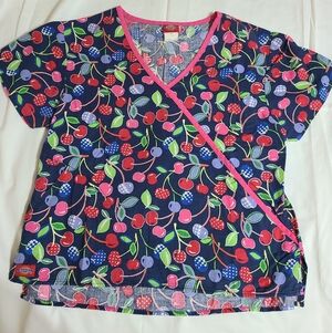 Dickies Womens Colorful Fruit Print Scrub Top, Pink Floral Top With Pink Pants